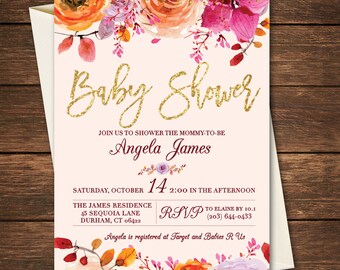 Fall Baby Shower Invitation | Fall Baby Shower Invitation | Baby Shower Invitation | Floral Baby Shower Invitation | Glitter Baby Shower