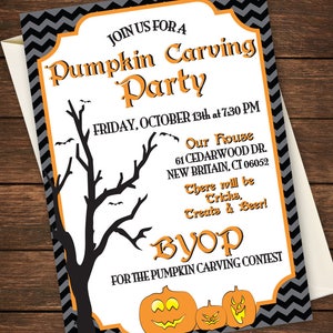 May include: A Halloween party invitation with a black silhouette of a tree with branches against a white background. The invitation text is in orange and black and reads "Join us for a Pumpkin Carving Party", "Friday, October 13th at 7:30 PM", "Our House", "61 Cedarwood Dr., New Britain, CT 06052", "There will be tricks, treats & beer!" and "BYOP for the Pumpkin Carving Contest". The background is a black and gray chevron pattern.