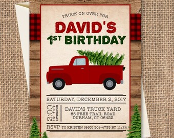 May include: Red truck with a Christmas tree in the bed, driving on a wood plank background. The text reads "Truck on over for David's 1st Birthday" and includes the date and time of the event.