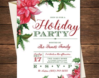 Holiday Party Invitation, Christmas Party Invitation, Poinsettia Christmas Party Invitation, Christmas Party, Holiday party, Winter party