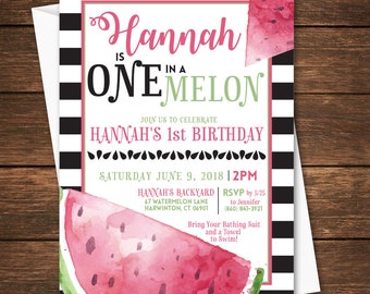 Watermelon Birthday, Watermelon Birthday Party, Watermelon Invitation, One in a Melon, Summer Birthday Invitation, Fruit Birthday Invitation