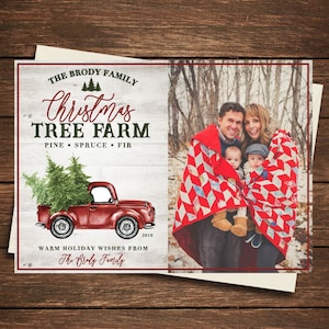 Tarjeta de Navidad, Granja del árbol de Navidad, Tarjeta de Navidad de la granja del árbol, tarjeta de Navidad familiar, granja del árbol, tarjeta de vacaciones, tarjeta de Navidad del camión rojo