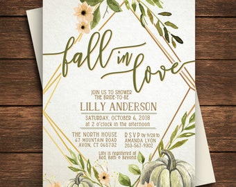 May include: Fall in love themed bridal shower invitation with a watercolor design featuring pumpkins, leaves, and flowers. The invitation includes the bride-to-be's name, Lilly Anderson, the date and time of the shower, and the location. RSVP information is also included.