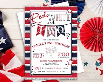 Red White and Two Birthday Invitation, Fourth of July Second Birthday, Fourth of July Birthday, Fourth of July Invitation, Red White and Two