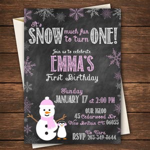 May include: A chalkboard style invitation for a first birthday party with a snowman and penguin illustration. It's Snow Much Fun to Turn One! Join us to celebrate Emma's First Birthday. Sunday, January 17 at 2:00 PM. Our Igloo, 45 Cedarwood Dr., New Britain CT 06055. To Tara, RSVP 203-349-8644.