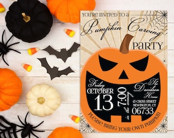 May include: A Halloween party invitation with a pumpkin carving theme. The invitation features a cartoon pumpkin with a scary face and the text "You're invited to a Pumpkin Carving Party". The date and time of the party are listed as "Friday, October 13th at 7:00 pm". The location is listed as "The Davidson Home, 45 Cross Street, Newington, CT 06733". The invitation also includes the text "Please bring your own pumpkin".