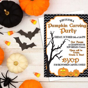 May include: A Halloween party invitation with a black and gray chevron pattern background. The invitation features a silhouette of a bare tree with bats flying around it. The text reads "Join us for a Pumpkin Carving Party" and includes the date, time, and location. The invitation also states "BYOP for the Pumpkin Carving Contest".