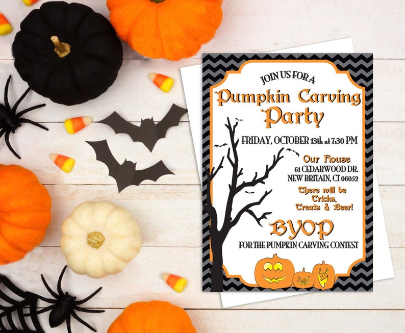 May include: A Halloween party invitation with a black and gray chevron pattern background. The invitation features a silhouette of a bare tree with bats flying around it. The text reads "Join us for a Pumpkin Carving Party" and includes the date, time, and location. The invitation also states "BYOP for the Pumpkin Carving Contest".