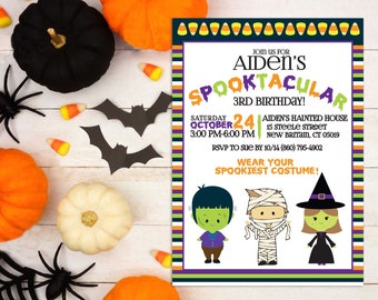 May include: A colourful invitation for a child's 3rd birthday party. The invitation features a striped background with a black border. The text reads "Join us for Aiden's Spooktacular 3rd Birthday!"  The invitation also includes the date and time of the party, the address, and an RSVP contact. The invitation is decorated with images of a monster, a mummy, and a witch.