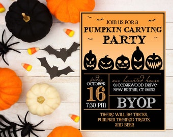 May include: An orange and black Halloween party invitation with a pumpkin carving theme. The invitation includes the date, time, and location of the party, as well as the text "BYOP" (Bring Your Own Pumpkin).