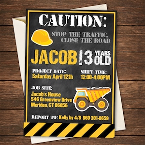 May include: A construction-themed birthday party invitation with a yellow and black caution sign. The text reads "CAUTION: STOP THE TRAFFIC, CLOSE THE ROAD". The invitation is for Jacob's 3rd birthday party. The party is on Saturday, April 12th from 12:00 PM to 4:00 PM at Jacob's house. The address is 546 Greenview Drive, Meriden, CT 06056. The contact information is Kelly by 4/8 860 301-8659.