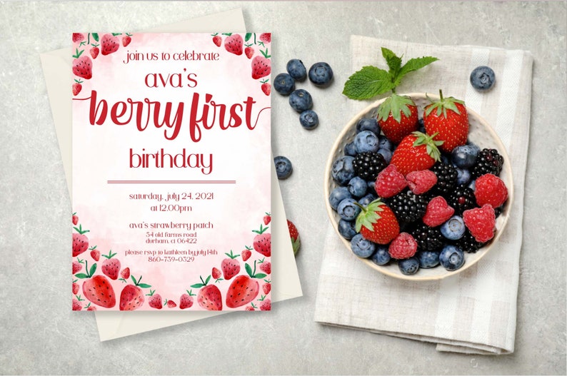 Strawberry Birthday Strawberry Birthday Party Strawberry Invitation Berry First Birthday Berry Birthday Invitation Fruit