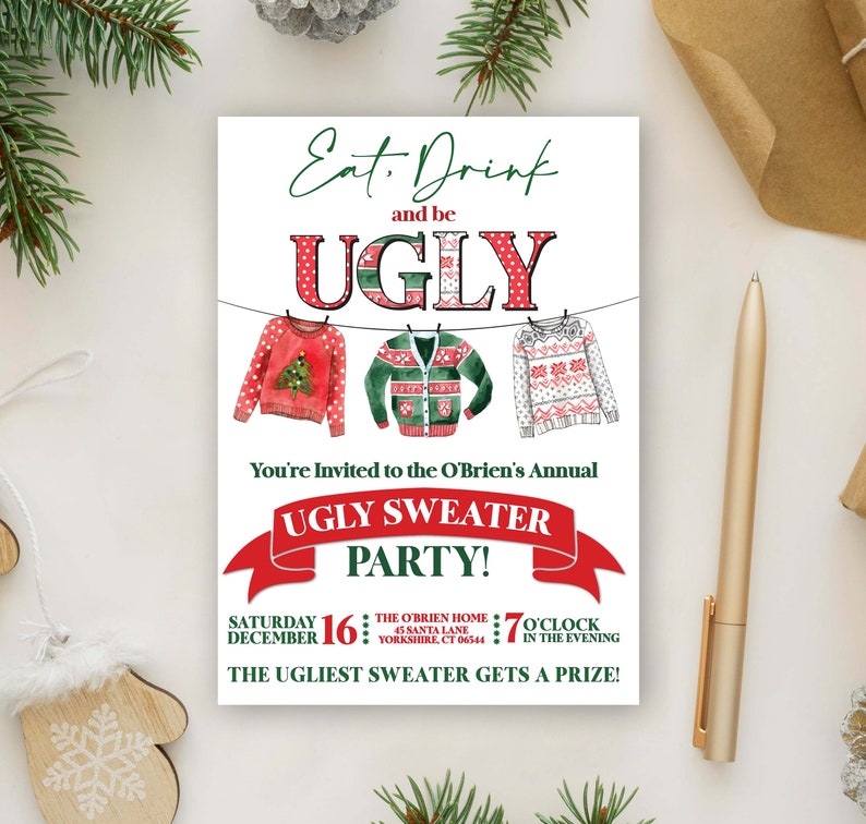 Invitación a la fiesta del suéter feo, Invitación al suéter feo, Suéter de Navidad feo, Invitación al suéter de Navidad feo-Invitación a la fiesta de Navidad imagen 1