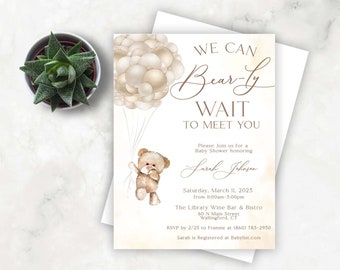 Bear Baby Shower Invitation | Bear Baby Shower | Bear Invitation | Teddy Bear Baby Shower | We can Bearly Wait | Bearly wait Baby Shower |