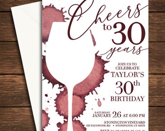 Op de afbeelding: Een witte uitnodiging met een rood wijnglas silhouet en een rood wijnvlekkenontwerp. De tekst luidt "Cheers to 30 years. Join us to celebrate Taylor's 30th Birthday. Saturday January 26 at 6:00 PM. Stonington Vineyard 523 Taugwonk Rd. Stonington, CT 06378. RSVP to Heather by Jan. 16 Call or text (860) 301-2352 or heatherm@gmail.com"