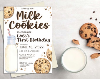 May include: A white invitation card with brown text that reads "Join us for Milk and Cookies to celebrate Cole's First Birthday Saturday June 18, 2022 2:00 in the afternoon Cole's Kitchen 175 Gravel Street Meriden, CT RSVP to Molly 860.335.6014 by 6/02". The card is decorated with watercolor illustrations of cookies and a glass of milk.