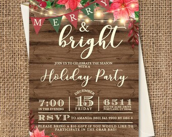 Merry and Bright invitation, Holiday Party Invitation, Christmas Party Invitation, Winter Party Invitation, Rustic Holiday Party Invitation