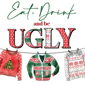 Puede incluir: Come, bebe y s&eacute; FEA. Tres su&eacute;teres navide&ntilde;os cuelgan de una cuerda para tender la ropa. Uno es rojo con un &aacute;rbol de Navidad, otro es verde con un patr&oacute;n de copo de nieve y el &uacute;ltimo es blanco con un patr&oacute;n de copo de nieve rojo y gris.
