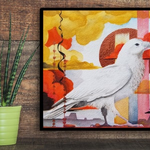 May include: A watercolor painting of a white raven against a colorful abstract background. The raven is perched on a geometric shape with a pink and orange stripe. The background features yellow, orange, and red clouds.