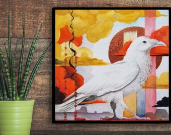 White Crow Rustic home decor - Wildlife artwork - Native american art - animal Illustration - Abstract Modern art - Western wall art