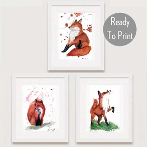 Nursery Woodland Art Printable, Kid friendly Fox Digital Downloads, Set of 3, wildlife artwork, Fox home decor