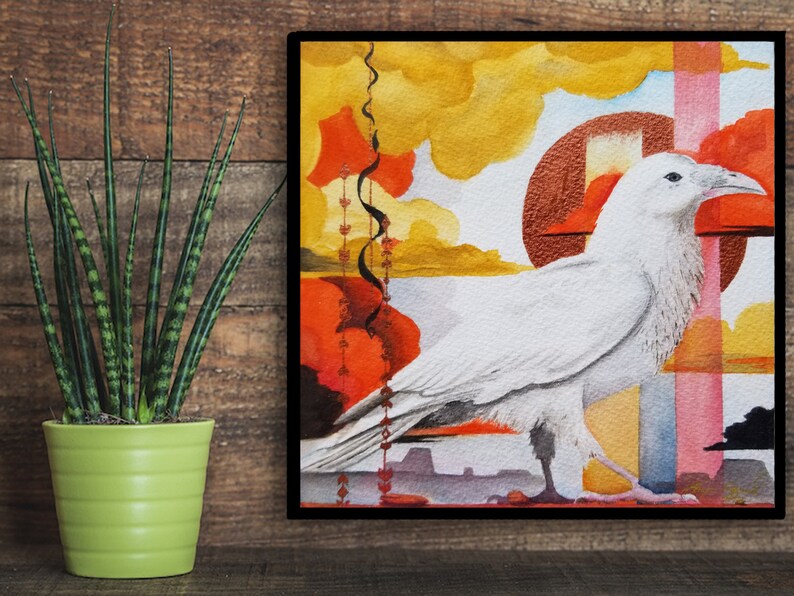 May include: A watercolor painting of a white raven against a colorful abstract background. The raven is perched on a geometric shape with a pink and orange stripe. The background features yellow, orange, and red clouds.