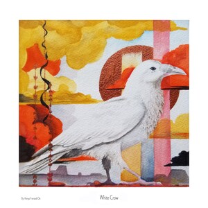 May include: A white crow with black eyes stands on a colorful abstract background. The background features geometric shapes in shades of orange, yellow, pink, and brown. The crow is the focal point of the painting, with its white feathers contrasting against the vibrant colors.