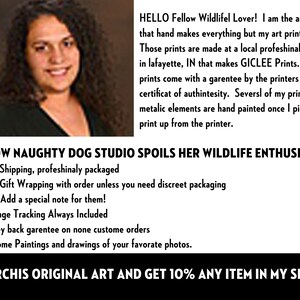 May include: A woman smiles in a portrait style photo. The text below reads "HOW NAUGHTY DOG STUDIO SPOILS HER WILDLIFE ENTHUSIAST."  The text continues with "Free Shipping, professionally packaged. Free Gift Wrapping with order unless you need discreet packaging. Gift! Add a special note for them! Package Tracking Always Included. Money back guarantee on none custom orders. Custom Paintings and drawings of your favorite photos. PERCHIS ORIGINAL ART AND GET 10% ANY ITEM IN MY SHOP"