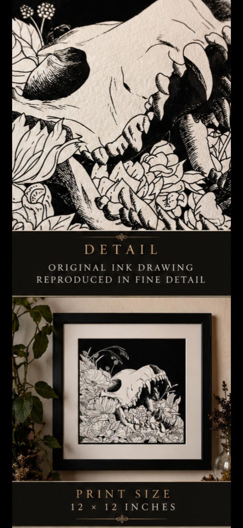 Gotiskt konsttryck med dödskalle och blommor — ”Även en orm kan bita”, signerat 12x12 giclée bild 4