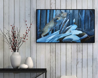 Blue Cottagecore Home Decor - Watercolor Bobcat print - animal art illustration - Wildlife home decor -  animal home decor