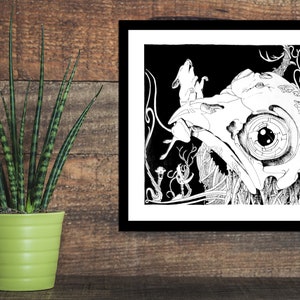 Halloween Skull home decor, line artwork, line art skull, Goth Black and white art, Ink artwork, Limited edition Print