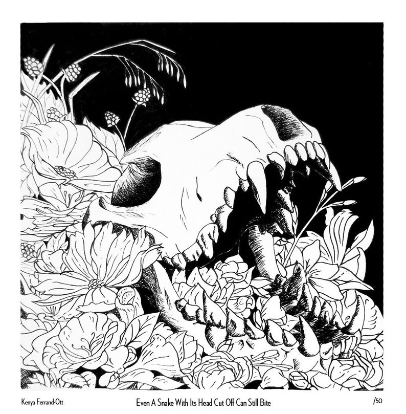 Gotiskt konsttryck med dödskalle och blommor — ”Även en orm kan bita”, signerat 12x12 giclée bild 1