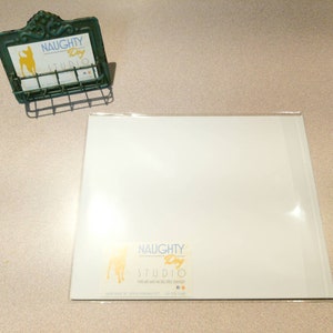 May include: White card with a green and yellow logo that says "NAUGHTY Dog STUDIO" with a small dog silhouette. The card is on a white surface.