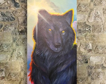 Original Wildlife Painting - Black Wolf sunrise - In vendita dall'artista - Opera d'arte rustica - Pittura occidentale - Lupo peloso