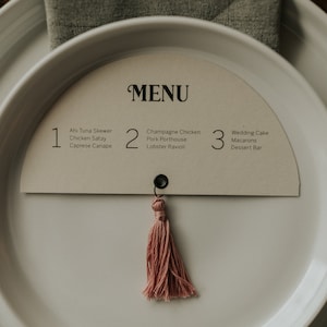 Half Moon Tassel Menus // wedding menu // mid-century // reception menu // unique wedding menu // tassel menu // tassels // wedding menu