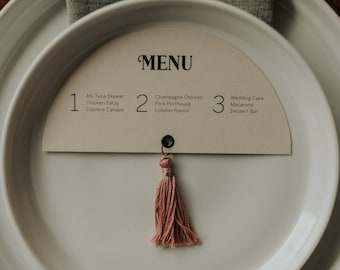 Half Moon Tassel Menus // wedding menu // mid-century // reception menu // unique wedding menu // tassel menu // tassels // wedding menu