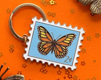 Monarch Stamp Enamel Keychain // butterfly keychain / postage keyring / stamp / keychain / monarch keychain / monarch butterfly /hard enamel