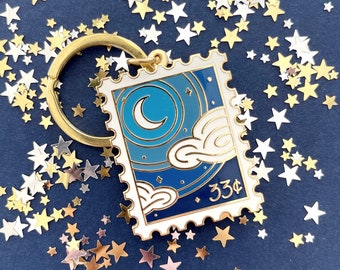 Crescent Sky Stamp Enamel Keychain // moon keychain / postage keychain / stamp / keychain / night keychain / night sky moon / hard enamel