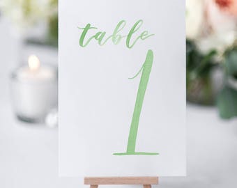 Watercolor Wedding Table Numbers GREEN, 1-10 // table cards / watercolor / wedding / table numbers / paper table cards / watercolor card