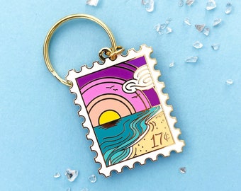 Sunset Shore Stamp Enamel Keychain // ocean keychain / stamp keychain / keychain / beach keychain / ocean waves / hard enamel / sunset