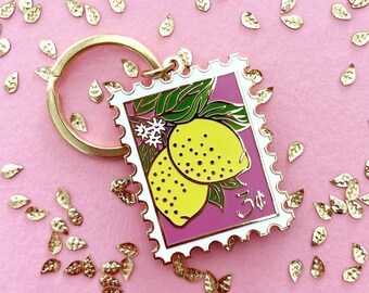 Cherry Lemons Stamp Enamel Keychain // lemon keychain / postage keychain / stamp / keychain / pink keychain / cheerful happy / hard enamel
