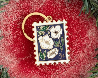 Anemone Postage Stamp Enamel Keychain // floral stamp / postage keychain / stamp keychain / plant lady flower / hard enamel / plant keychain