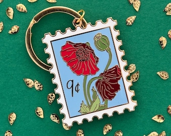 Poppies Postage Stamp Enamel Keychain // flower keychain / poppies keychain / hard enamel / flower keyring / remembrance / poppy flower