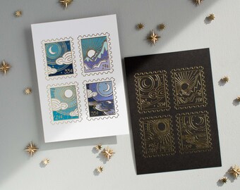Himmlische Briefmarken Druck / Wanddeko / Sonnendruck / Monddruck / Sonne und Mond / Mond und Sterne / Weltraumdruck