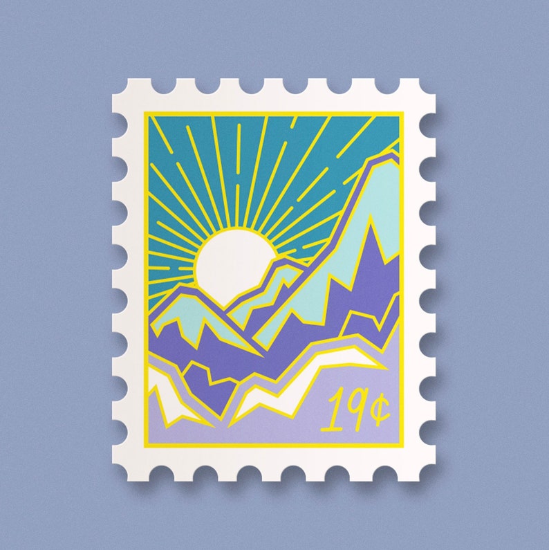 May include: A vintage-style postage stamp with a blue and purple mountain landscape and a yellow sun with rays. The stamp has a white border and says "19&cent;" in the bottom right corner.
