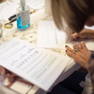 Puede incluir: Una persona practicando caligraf&iacute;a con una pluma y tinta sobre una hoja de papel blanca. El papel tiene l&iacute;neas y una secci&oacute;n con las palabras "ultra blue ultra" y una serie de c&iacute;rculos.
