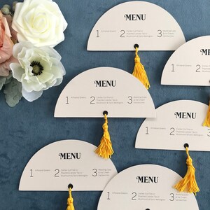 Half Moon Tassel Menus //wedding menu // mid-century // reception menu // unique wedding menu // tassel menu // tassels // wedding menu image 7