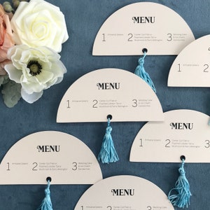 Half Moon Tassel Menus //wedding menu // mid-century // reception menu // unique wedding menu // tassel menu // tassels // wedding menu image 6