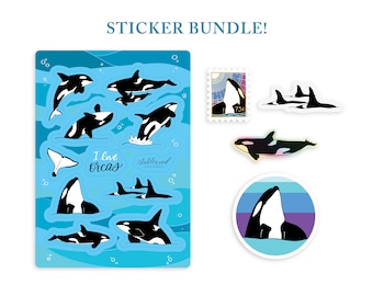Orca Sticker Pack // spy hopping orca / whale sticker / save the whales / killer whale / round whale sticker / laptop water bottle sticker