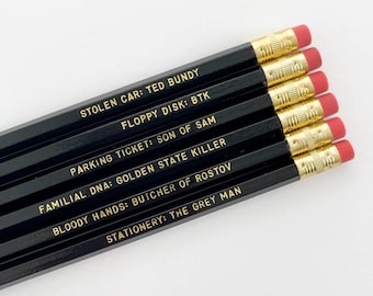 The Caught! Pencil Set // pencil set / true crime pencils / true crime obsessed / murder pencils / killer pencils / serial killer pencil set